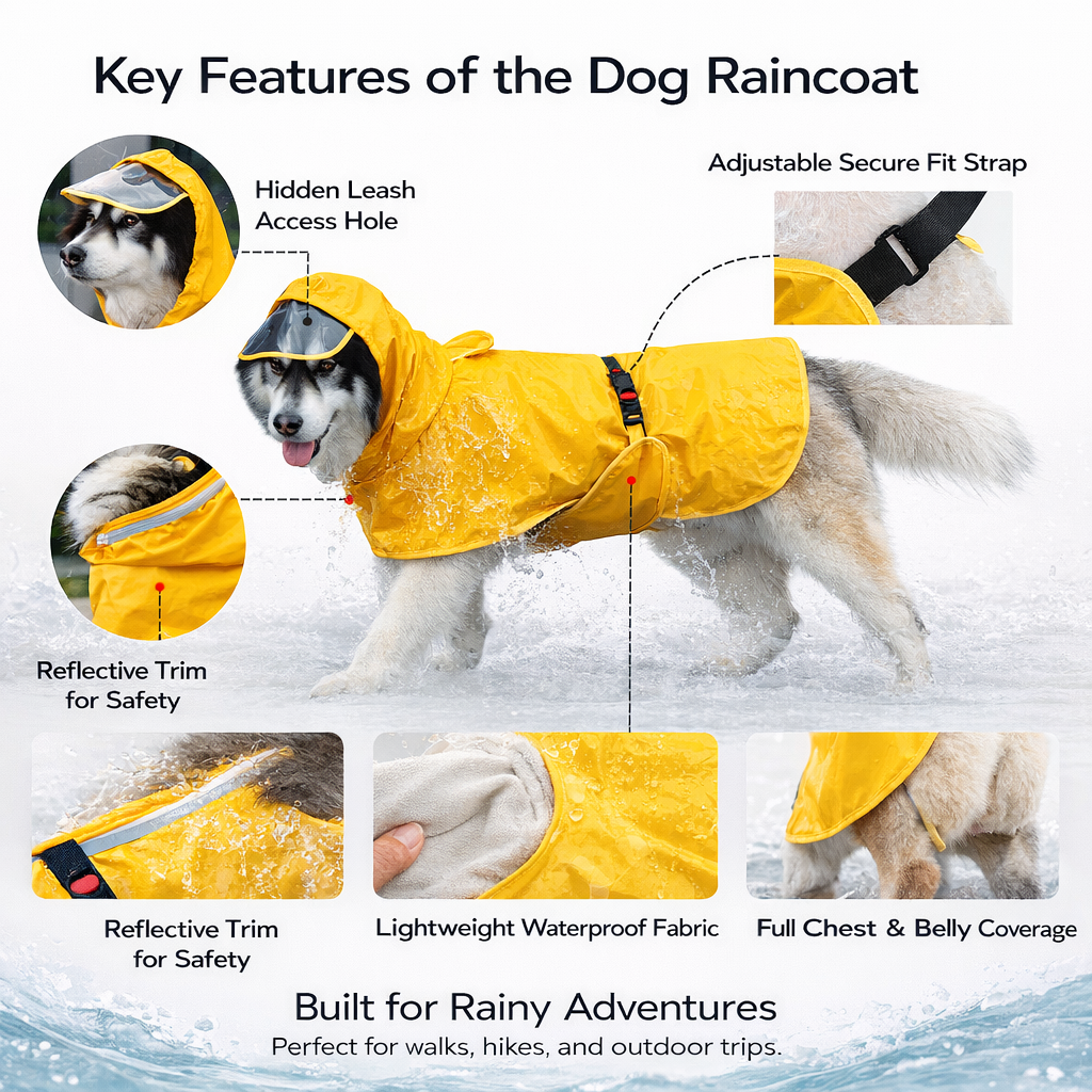 Lightweight Waterproof Dog Raincoat with Hood – Easy-On Pet Rain Jacket for Rainy Walks